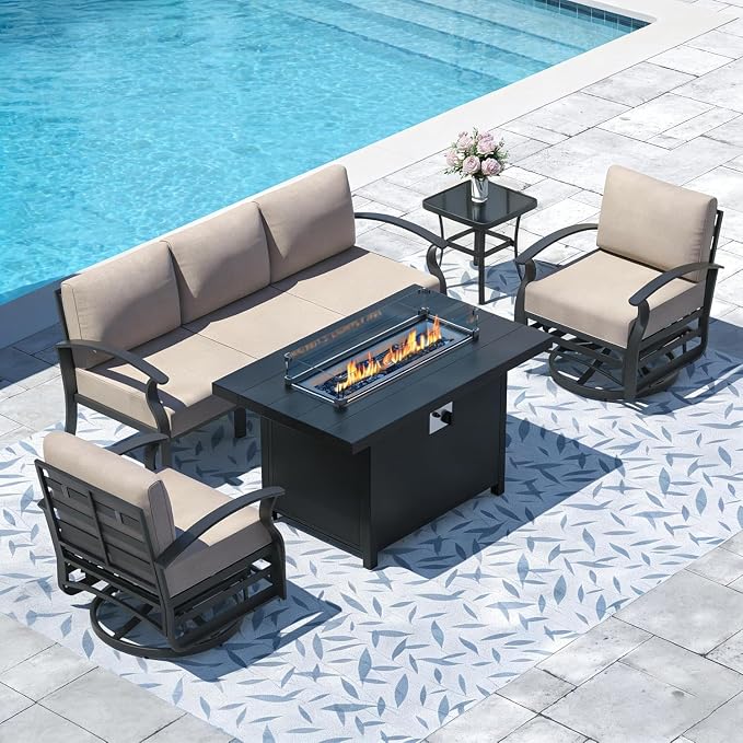 Aluminum Outdoor Patio Furniture Set,5 Pieces 5 Seats Metal Patio Sectional Furniture Set,Patio Conversation Sets with 45" Propane Fire Pit Table,Swivel Rocking Chairs Set,Sand