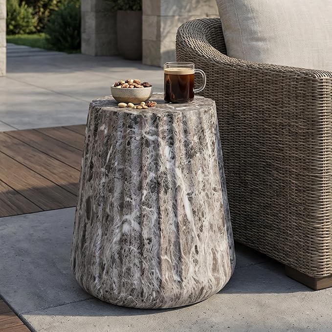 Round Outdoor Side Table, Modern MGO Concrete End Table with Faux Stone Finish, Patio Fluted Side Table for Living Room Garden Balcony,Fully Assembled,Grey Brown
