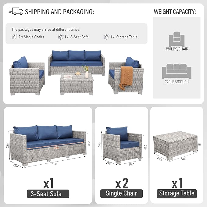 WAROOM Patio Furniture Set 4 Piece Outdoor Wicker Conversation Sets PE Rattan Couch Sectional Sofa with Storage Table, Navy Blue Cushion