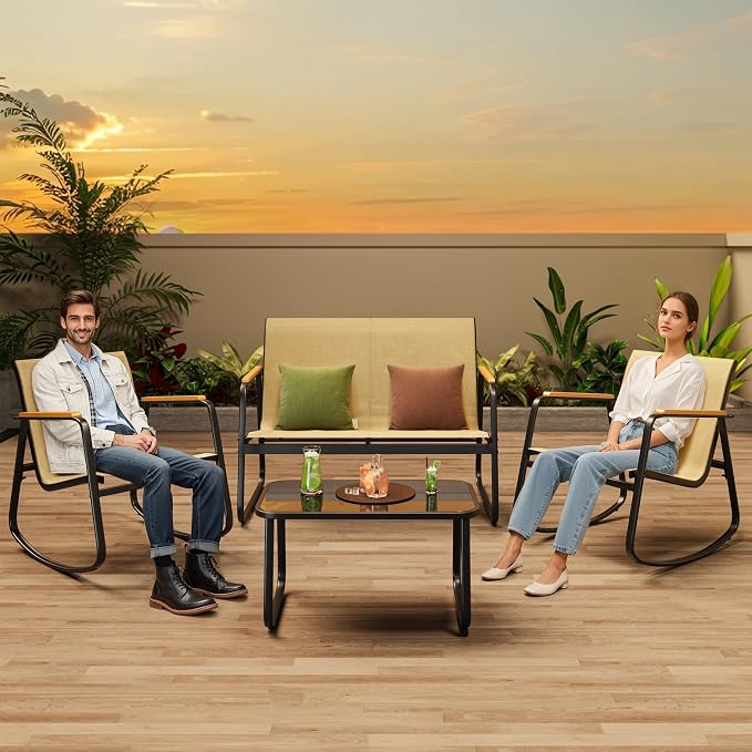 Ahomly Outdoor Patio Furniture Set 4 Pieces, Conversation Textilene Fabric Chairs with Coffee Table Rocking Chairs Bistro Set for Backyard, Poolside, Porch (Brown)