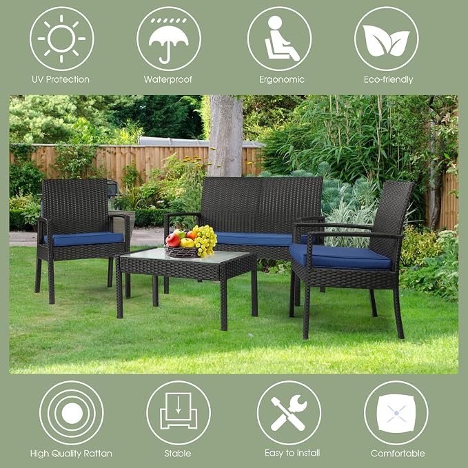 4 Piece Outdoor Patio Furniture Set, Rattan Patio Conversation Set | Thick Polyester Cushions, Tempered Coffee Table, Steel Frame Easy Assembly, Suit for Backyard Porch Poolside Balcony, Blue