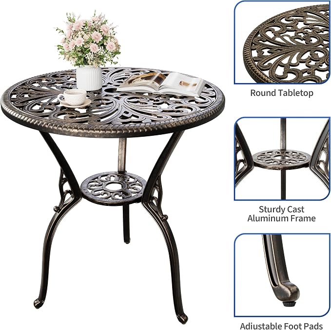 IDEALHOUSE Patio 23''Cast Aluminum Side Table with Umbrella Hole,Outdoor Small Coffee Tables,Anti-Rust Bistro Table,Round End Table,Outdoor Furniture for Indoor,Patio,Garden,Porch,Balcony,Retro Bronze
