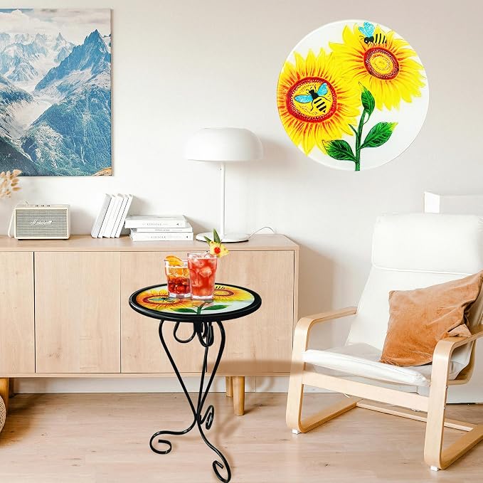 Bee Sunflower Side Tablle with Glass Top & Metal Base Furniture Decor | Manortang; 12 Inch; Side Table; Glass Top & Metal Base; Living Room Decor; handicrafts; Indoor & Outdoor; Great gift choice