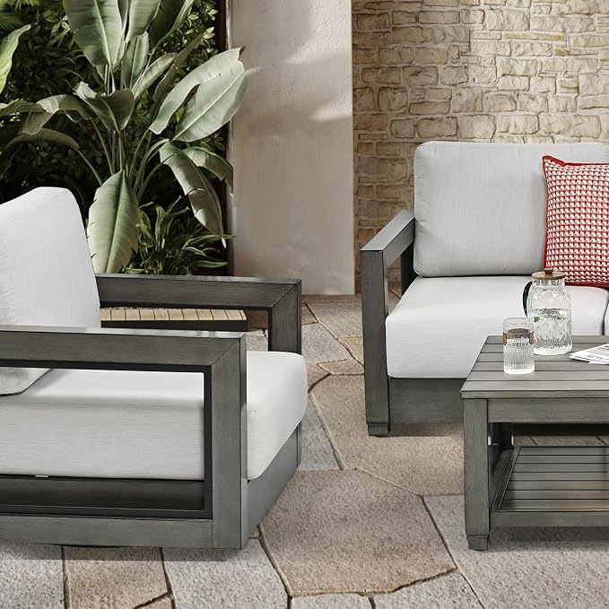 HAPPATIO Oversized Aluminum Patio Loveseat, Outdoor Sectional Furniture with Thicken Cushions, Deep Seating and Widen Armrest, All-Weather Additional Loveseat for Backyard Poolside, Grey