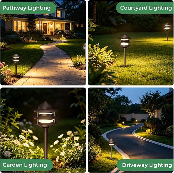 Pagoda Low Voltage Landscape Pathway Lights, 12V Outdoor LED Path Lights Wired, Aluminum Walkway Lighting with 4W 2700K Replaceable G4 Bulb, Bronze Classic 3-Tier Lantern, 12 Pack
