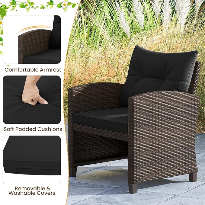 ORALNER 5 Pieces Patio Furniture Set with Ottoman, Wicker Conversation Set w/Cushions, Glass Coffee Table, Outdoor Rattan Lounger Chairs Bistro Set for Porch Balcony Garden Deck Poolside (Black)