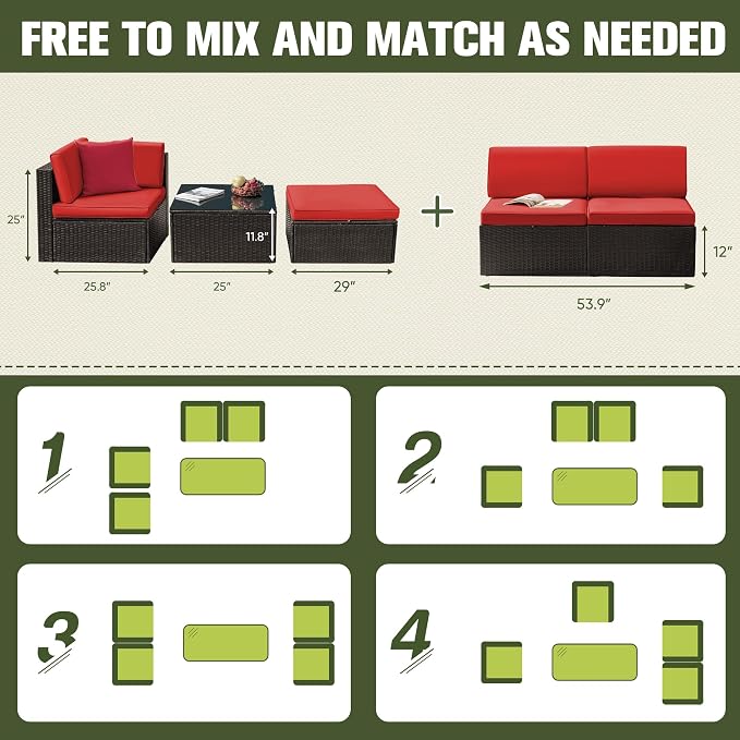 Greesum 2 Piece Patio Conversation Set Wicker Rattan Furniture Outdoor Sofa with Cushions,Pillows for Porch,Lawn and Yard, Red