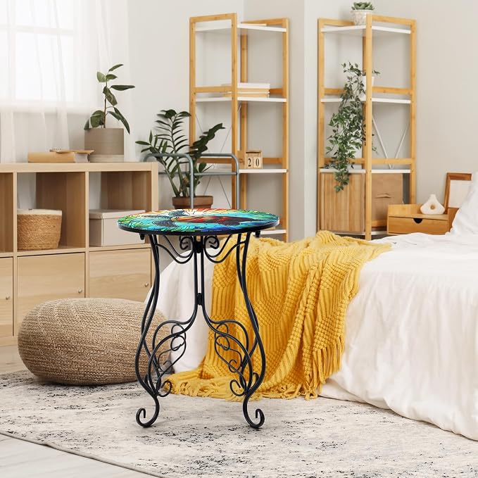 Geelin 14 Inch Small Outdoor Patio Side Table Turtles Round Mosaic Side Table Accent Indoor End Plant Metal Coffee Tea Furniture for Yard Porch Garden Living Room Bedroom(Turtles)