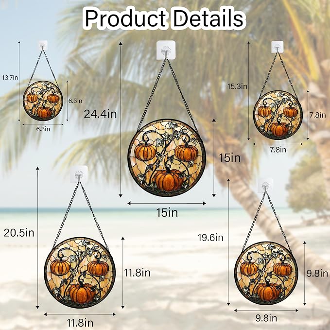 DASTOLL Stained Glass Window Hanging - Halloween Decoration Orange Pumpkin Vine Leaves Suncatcher for Door Garden Spooky Sun Catchers Gothic Decor Horror Gifts for Women Men Friend Boy Girl 6.3 in