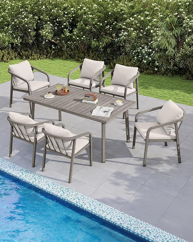 7-Piece Patio Dining Set, Never-Rust Aluminum Outdoor Dining Set for 6, Patio Table and Chairs Set with Washable Cushions, Outdoor Furniture Set for Courtyard, Deck, Commercial, Gray Oak
