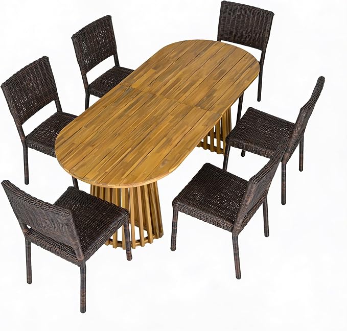 Christopher Knight Home Farley Acacia Wood Outdoor Dining Set for 6, 7 Piece Patio Dining Table and Chair Set, Faux Rattan Outdoor Dining Chair and Table Set, Teak+Brown