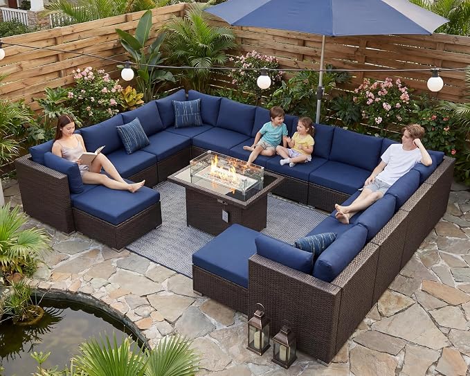 NICESOUL 15 Piece Outdoor Sectional with Fire Pit Table, Modern Luxury Patio Deep Seating w/Firepit, 29.3'' High-Back Wicker Couch Thick, Big High-Weight Capacity Sofa for Garden, Yard, Brown & Blue