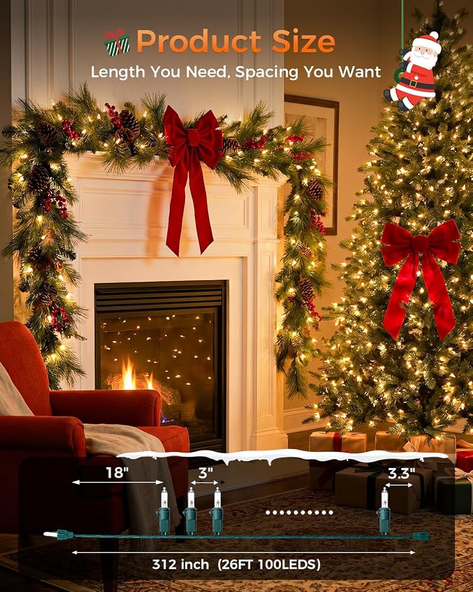 Clear Christmas Lights Warm White, 100 LED 26FT, LED Bulbs, 30000+hrs Long Lifespan, UL Approved, Waterproof Mini String Lights for Outdoor Indoor Christmas Tree Garland Patio Yard Holiday