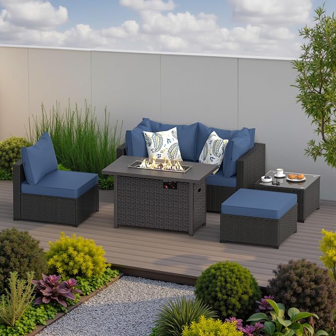 Patio Furniture Set w/ Fire Pit Table, 6PCS Outdoor Conversation Sets Waterproof Rattan Sectional Sofa with 4” Thickened Cushion Modular Wicker Patio Furniture Set with Glass Top Table (Navy Blue)