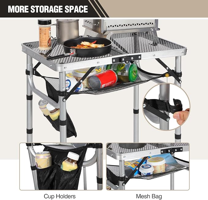 REDCAMP Small Folding Grill Table for Outside, 2Ft Lightweight 4 Height Adjustable Portable Metal Table with Mesh Desktop, Outdoor Table for Camping Picnic Beach and BBQ, Silver