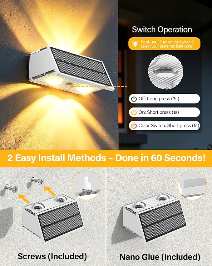 Solar Fence Lights Outdoor, 10 Pack Fence Solar Lights Waterproof | IP65 Fence Lights Solar Powered Up & Down LED Focus, 9 Color Modes, 12H Dusk to Dawn Glow for Pool/Patio/Backyard - White
