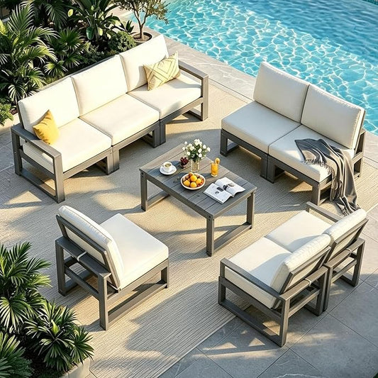 9-Piece Patio Furniture Set,HDPE Outdoor Furniture with Coffee Table,Outdoor Couch Sets with Cushions,Patio Sectional Sofas for Porch,Backyard,Deck,Grey