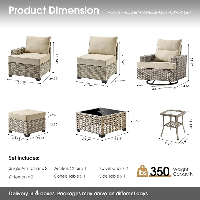 Rattan Patio Furniture Set with Swivel Chairs,9 Pieces Outdoor Sectional with Ottoman Glowing Coffee Table,Out Door Furniture Conversation Set,Beige