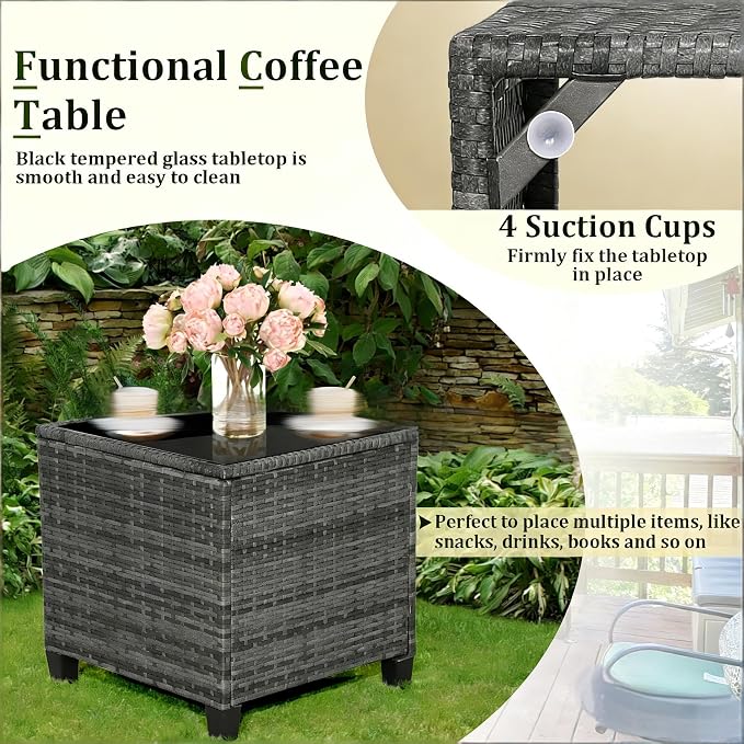 ORALNER 3 Pieces Patio Furniture, Outdoor Wicker Conversation Set Chairs with Soft Cushions and Glass Coffee Table, Mix Gray Rattan Bistro Set for Balcony Garden Deck Front Porch Poolside (White)