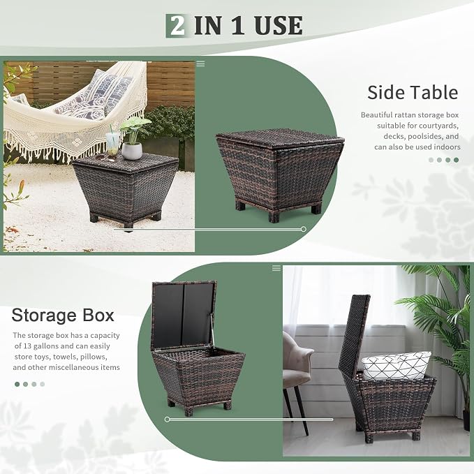 Outdoor PE Wicker Side Table with Storage, 13 Gallon Patio Storage Bin Container for Hose Cushion Towel, Gradient Rattan End Table for Backyard Garden Deck, 112 lbs Capacity, Brown