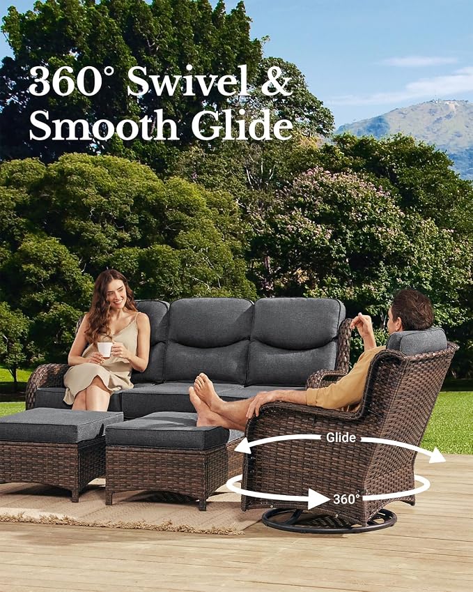 HILLGA Luxury Outdoor Patio Furniture Set with 6-Inch Thick Cushions, High Back Wicker Swivel Rocker Chairs, 6Pcs All Weather Sofa Set for Large Deck, Yard and Poolside, Gray (V3)