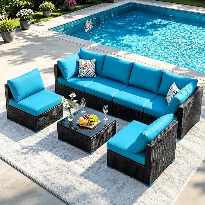 7 Piece Outdoor Sectional Outdoor Patio Furniture Set, Outdoor Patio Furniture Set with Coffee Table, Sectional Couch Sofa with Cushions, Wicker Outdoor Conversation Set for Backyard & Garden, Blue