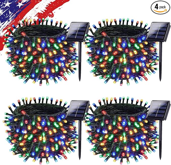 KAQ 4pack 400LED Solar String Lights Outdoor Waterproof Multicolor | Total 132FT Flexible Wire With Bright LEDs, 8 Twinkle Modes with Memory, Auto On/Off Easily Decorates Trees, Fences, Garden