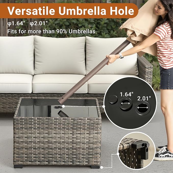 HOOOWOOO Outdoor Patio Side Table with Umbrella Hole,Wicker Coffee End Table Glass Top,Umbrella Table with 1.64" and 2" Hole for Yard,Deck,Porch,Garden(Rectangle Brown)