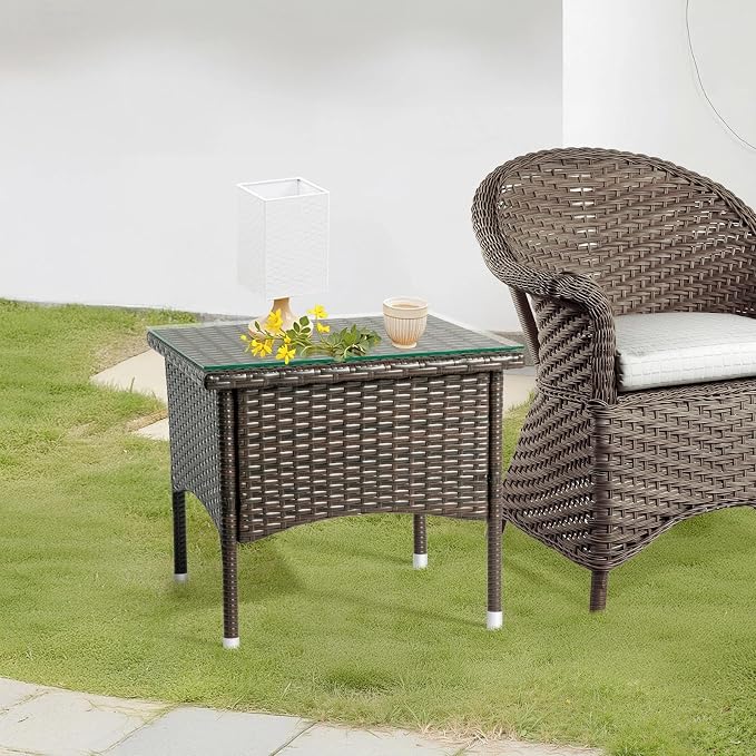 HOMSUPPLIE'S Outdoor Side Table, Patio Wicker End Table with Tempered Glass Top, Rattan Coffee Table for Balcony, Porch, Deck & Poolside, All-Weather(Brown,Tempered Glass sty.1)