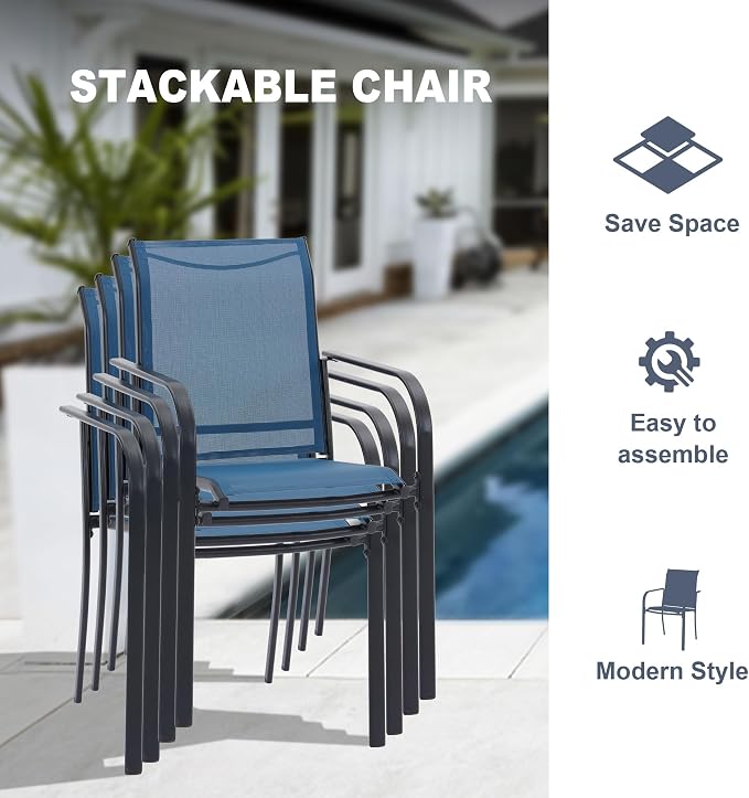 VICLLAX 7 Pieces Patio Outdoor Dining Set, 63" Outdoor Rectangular Metal Dining Table with Umbrella Hole and 6 Stackable Textilene Chairs for Lawn, Garden, Porch, Black/Dark Blue