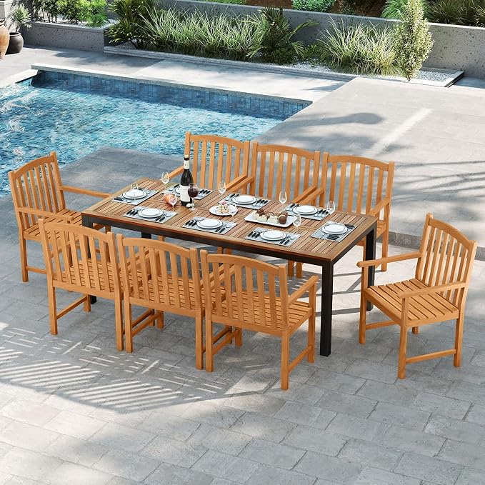 Tangkula 9 Piece Outdoor Wood Dining Set, Patio Rectangular Table with Umbrella Hole and 8 Solid Acacia Armchairs, for Porch, Garden, Backyard, Balcony