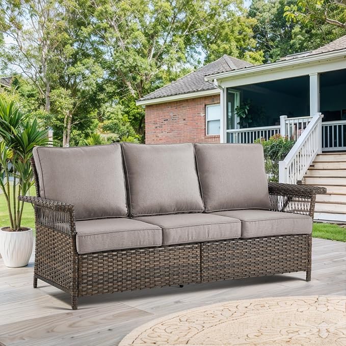 Patio Furniture Set with Fire Pit Table, 7PCS Patio Conversation Set Brown Resin Wicker Swivel Patio Chair Sofa Ottoman Set with Side Table and Fire Table PE Rattan Furniture Set
