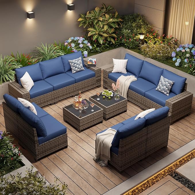 Aoxun Patio Furniture Set, 12 Pcs Outdoor Patio Furniture Sets with 4 in Thicken Cushion and Coffee Table, Widen Armrests Wicker Outdoor Sectional for Backyard & Garden, Navy Blue