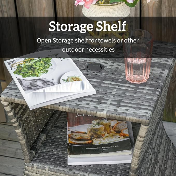 Outdoor Side Table with 1.5" Umbrella Hole, 16.9" Square, 2 Tier Rattan Wicker End Table with Storage Shelf, Lightweight PE Rattan Patio Table for Garden Poolside