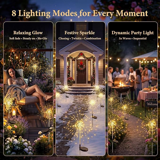 Solar Firework Lights Outdoor 4 Pack, 120LED Solar Starburst Garden Lights with 8 Modes,Waterproof Decorative Fairy Light for Backyard, Garden, Patio & Lawn Landscape Decor