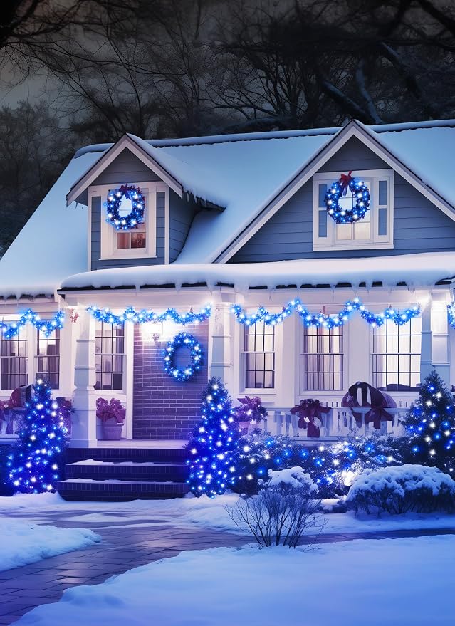 Minetom Solar Christmas Lights Outdoor Waterproof, 2Pack Total 80FT 200 LED | Solar Christmas Outdoor Decoration with 8 Modes, Solar String Lights for Outside House Tree Yard Garden, Blue & Pure White