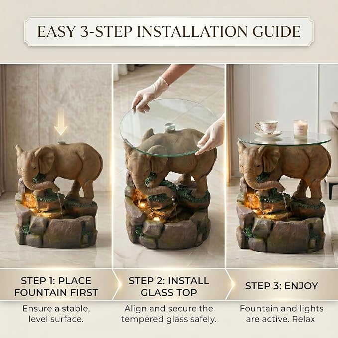 Elephant Side Table with Glass Top & Waterfall Base Patio End Table with Animal Fountain Feature 21.9" Tall Warm White LED Weatherproof Resin for Garden Living Room Home Office