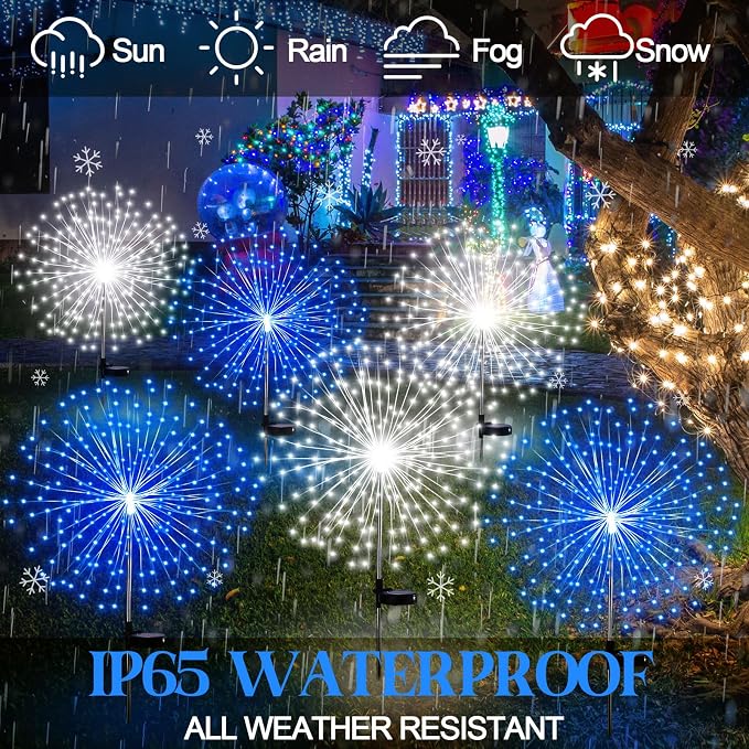 Tujoe 6 Pcs Christmas Solar Firework Stake Lights 180 LED 8 Modes Solar Waterproof LED Sparkler Lights Outdoor Decoration for Garden Patio Yard Pathway Walkway Lawn Xmas Winter Decor (Blue, White)