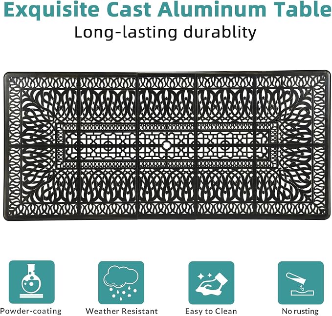 MEETWARM 9-Piece Outdoor Patio Dining Set, All Weather Cast Aluminum Patio Funiture Table and Chairs Set- 94.5” Rectangular Table and 8 Cushioned Swivel Rocker Chairs for Garden, Umbrella Hole, Khaki