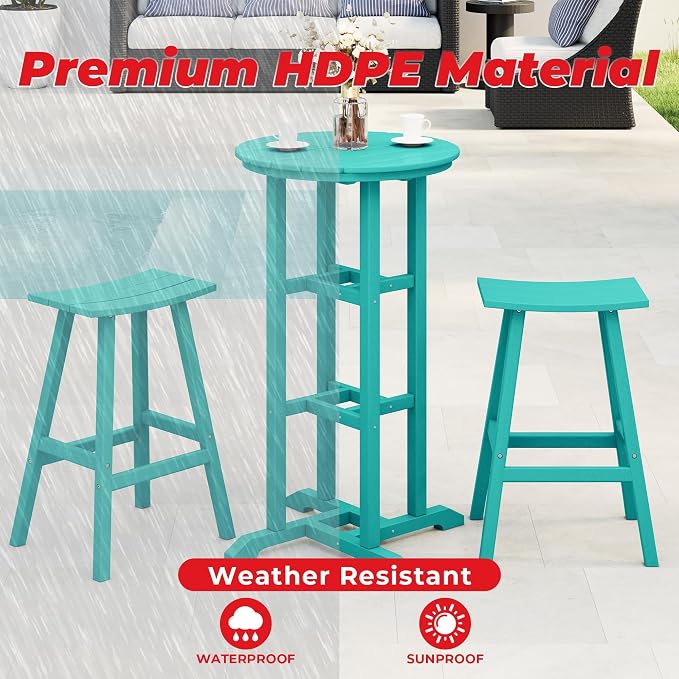 Costaelm Outdoor Bar Table, 42" Counter Height Round Patio Cocktail Bar Table, Patio Bar Table 3-Pieces Set Bistro Dining Table Pub Table for Deck, Backyard, Garden, Turquoise
