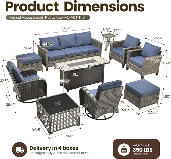 10 Piece Wicker Patio Furniture Set with Firepit, Denim Blue | High Back Swivel Rocker Chairs, 54-inch Fire Pit, Outdoor Sofa Ottoman Solar Lights Table, Conversation Sets, Deck Backyard
