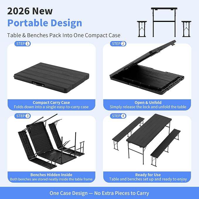 Polar Aurora Picnic Table Set with 2 Benches, 6 Feet Folding Camping Table Chair Set, Portable 3-Piece Outdoor Furniture with Wood Grain Top for Party, Picnic, Camping, Wedding (Black)