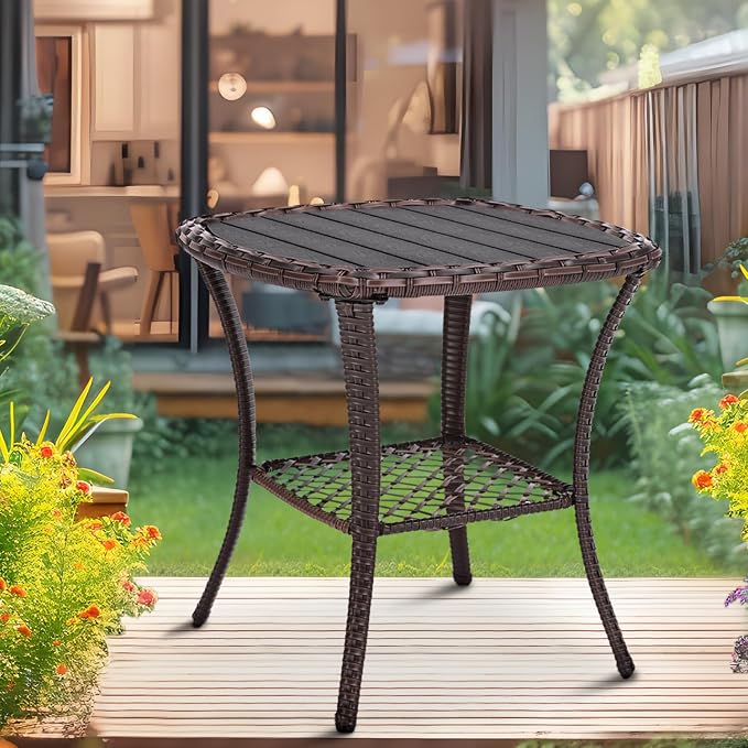 Outdoor Patio Side Table Small Brown Wicker Rattan End Table for Outside Storage Coffee Table with Poly Lumber Table Top for Garden Lawn Pool Porch Deck