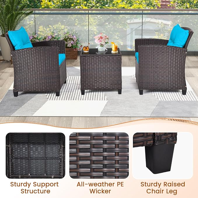 3-Pieces Patio Furniture Set, PE Wicker Chairs Sofa Set with Removable Cushions & Glass Top Side Table, Outdoor Wicker Rattan Conversation Chair for Porch,Backyard, Balcony (Turquoise)
