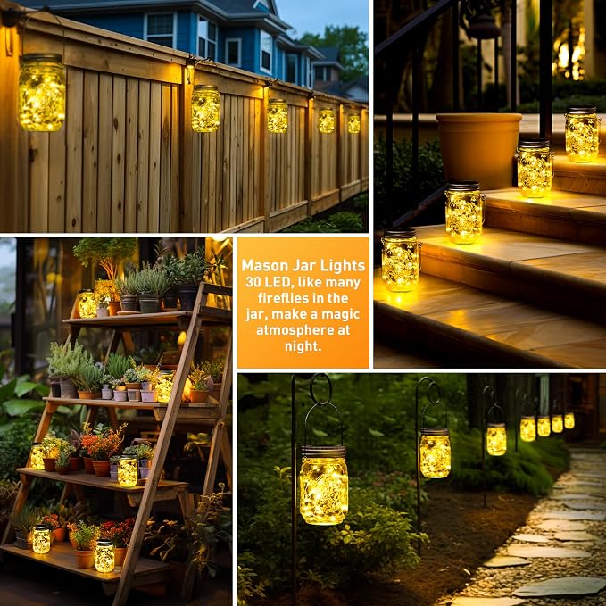 GIGALUMI Hanging Mason Jar Solar Lights, 6 Pack 30 Led Tinplate Lids | Hanging Solar Lanterns Outdoor Waterproof, Hangers and Jars Included, Outdoor Decor for Balcony, Garden, Patio, Yard, Wedding