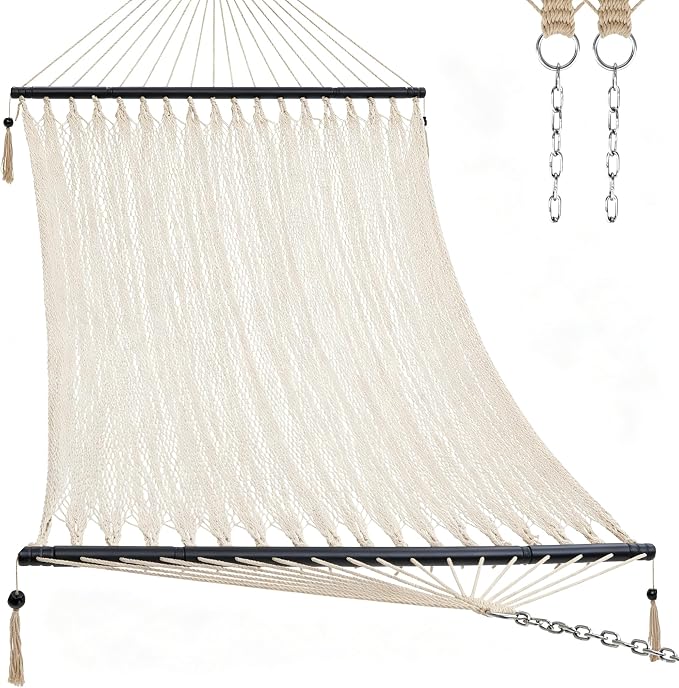 PNAEUT 2 Person Rope Hammocks for Outside, Handwoven Double Caribbean Hammock with Spreader Bar for Outdoor Indoor, Max 600 lbs Capacity (Cream)