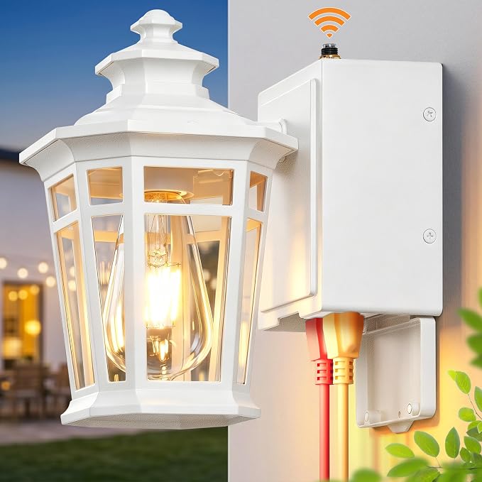 Gleamz Porch Lights Outdoor with GFCI Outlet, White Dusk to Dawn Outdoor Lighting, Exterior Lighting Fixtures Wall Mount, Anti-Rust Coach Light for Garage, Patio, 100% Aluminum, Waterproof, E26 Socket