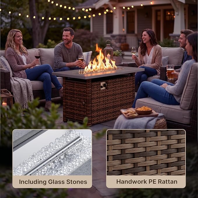 Ahomly 8 Piece Outdoor Patio Furniture Set with 44”Fire Pit Table, Outdoor Wicker Sectional Sofa Conversation Set with Cushions and Glass Coffee Table, for Backyard, Porch, Balcony, Grey
