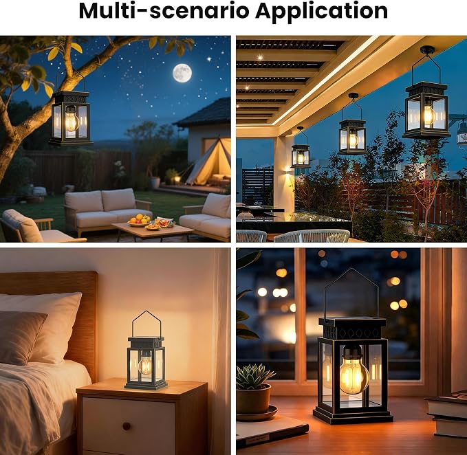 2 Pack Farmhouse Solar Lanterns ,Glass Solar Lights Bulb ,Outdoor Waterproof Upgraded Solar and 2 AA Batteries Powered, for Outside Porch, Patio and Indoor Tables, Mantelpiece.