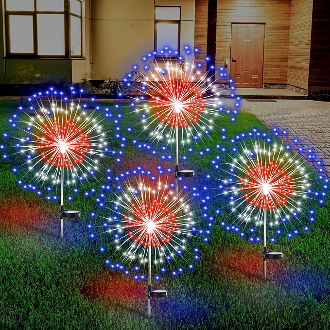 Tujoe 4 Pack Christmas Outdoor Garden Decoration Solar Firework Light Decor | Solar Firework Lights, 180 LED, 8 Lighting Modes, 32" to 51" Height, Outdoor Garden Yard Pathway Paty Decoration, Red, Green